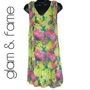 Glam & Fame Lime Floral Tunic Pleated Semi-Sheer Mini Dress Size M